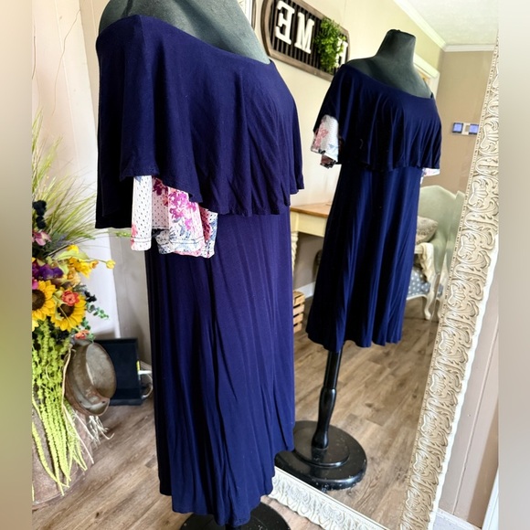 Eloges • Navy & Floral Lace Ruffle Off Shoulder Dress - Picture 11 of 16